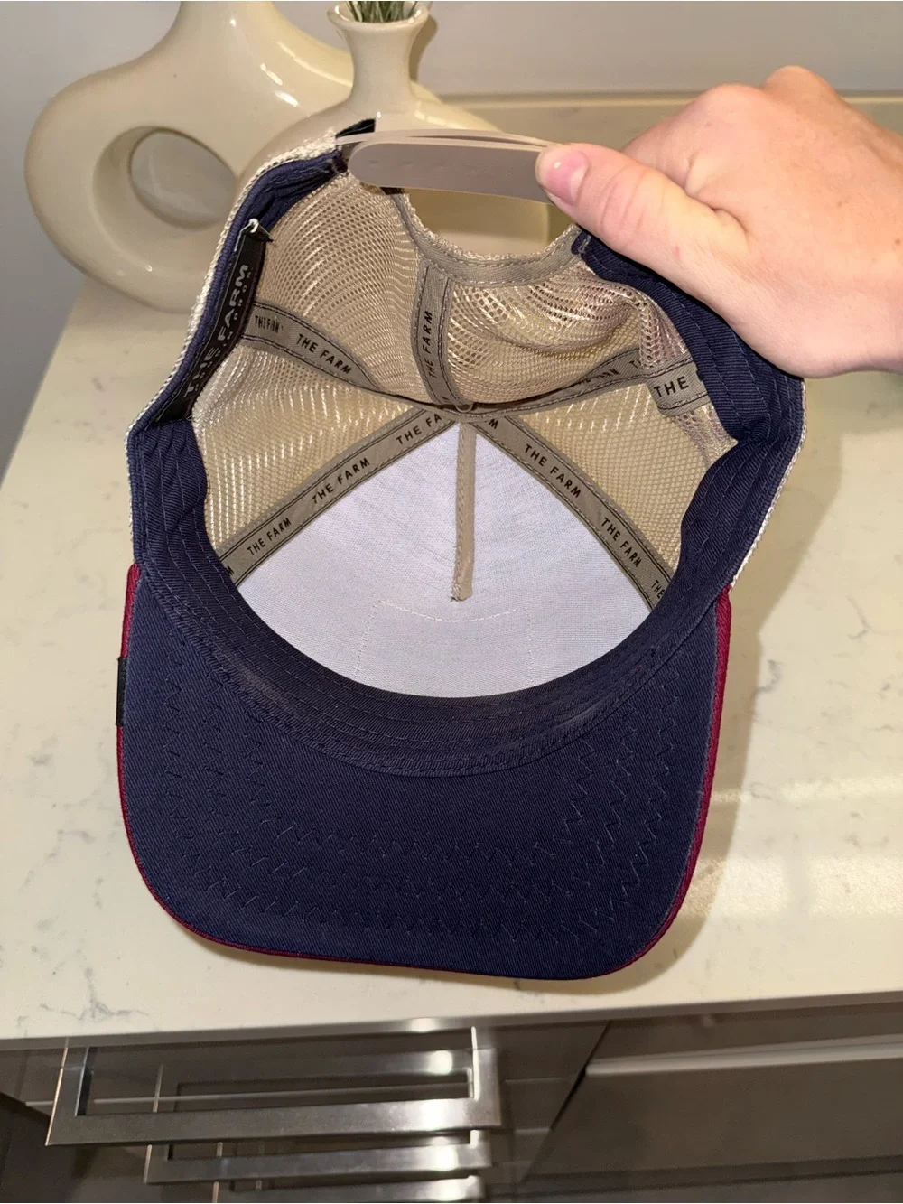 Goorin Bros Navy and Burgundy Rooster Patch Trucker Hat